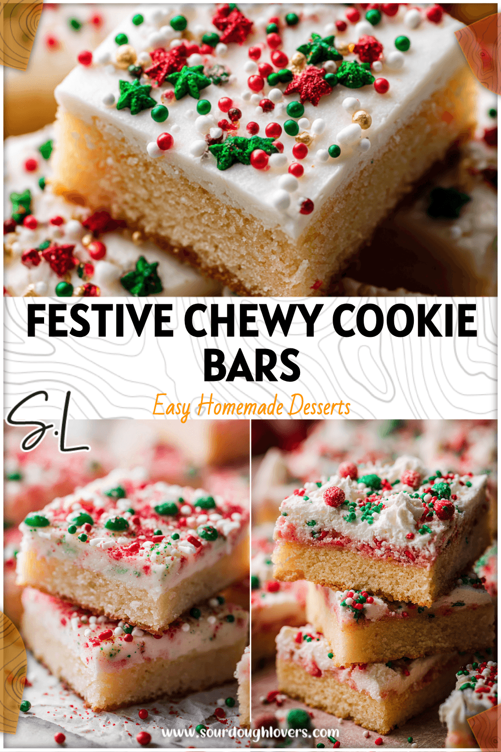 Soft and chewy Christmas Sugar Cookie Bars topped with festive sprinkles and frosting on a holiday table